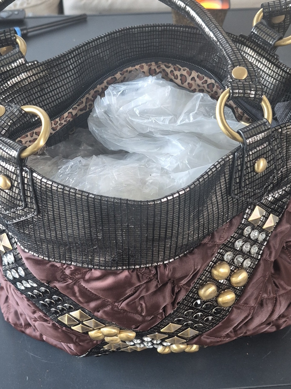 Embellished Quilted Shoulder Bag in Metallic Brown